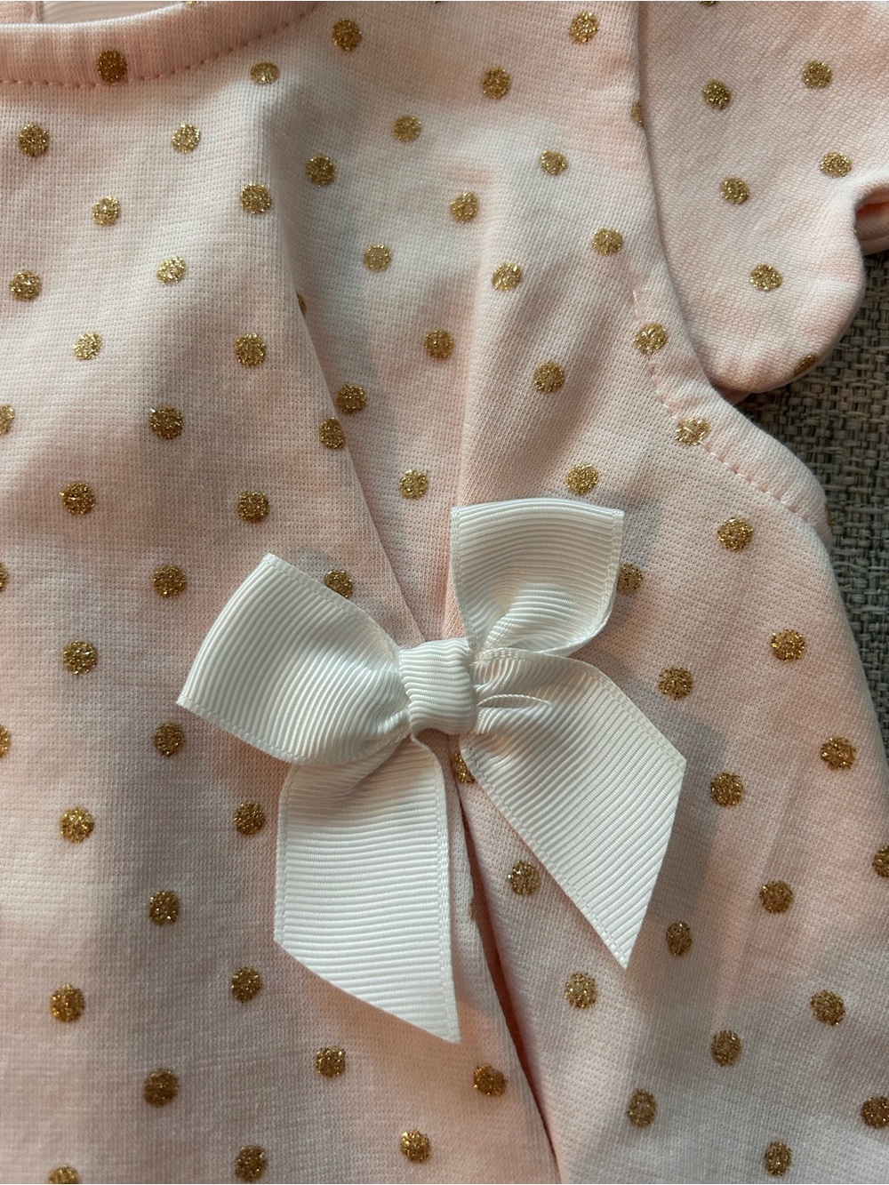 Tahari Baby Pink Gold Polka Dot Bow Baby Dress. Size 18M - Picture 4 of 8